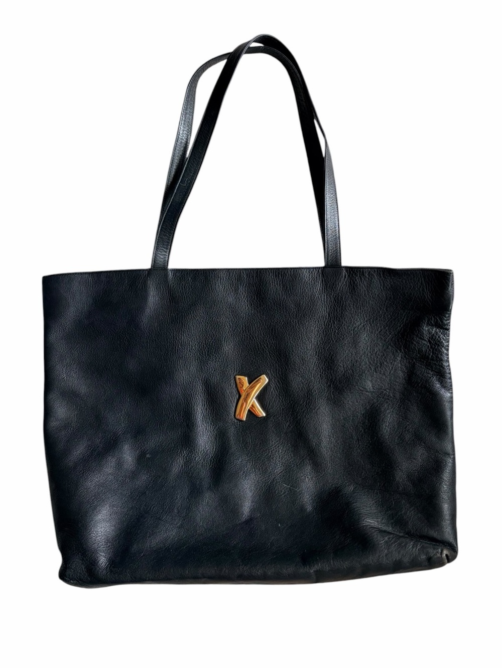 Vintage 90s Paloma Picasso Black Leather Tote Shoulder Bag Gold X Kiss Logo Ital
